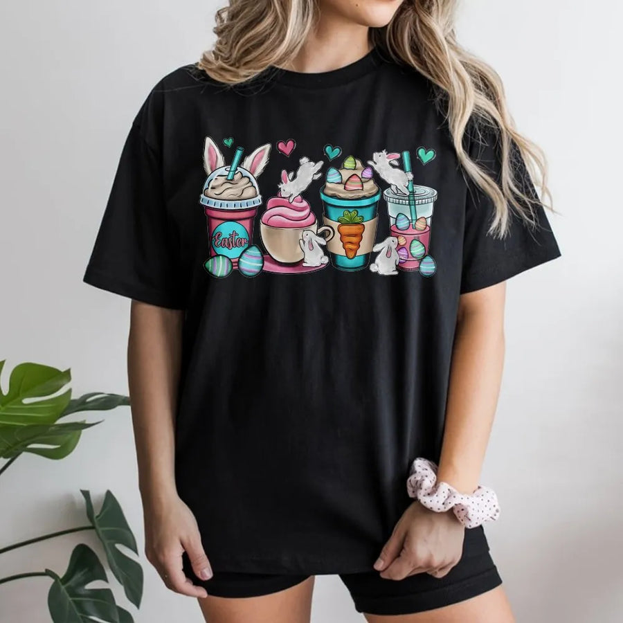 Easter Bunny Coffee T-Shirt | Cute Floral Rabbit Graphic Tee | 100% Cotton Premium Comfort | Funny Spring Holiday Gift For Her
