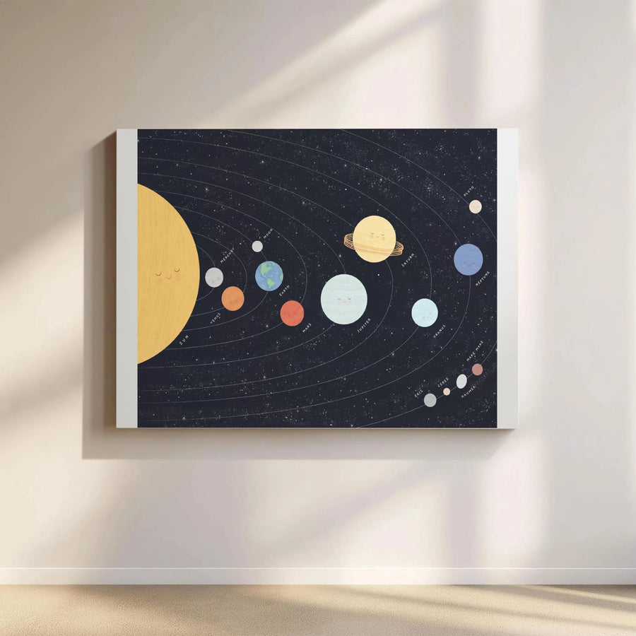 Solar System Canvas Wall Art | Cute Planets Illustration, Educational Space Map | Premium Gallery Wrap Canvas | Kids Room & Nursery Decor Gift