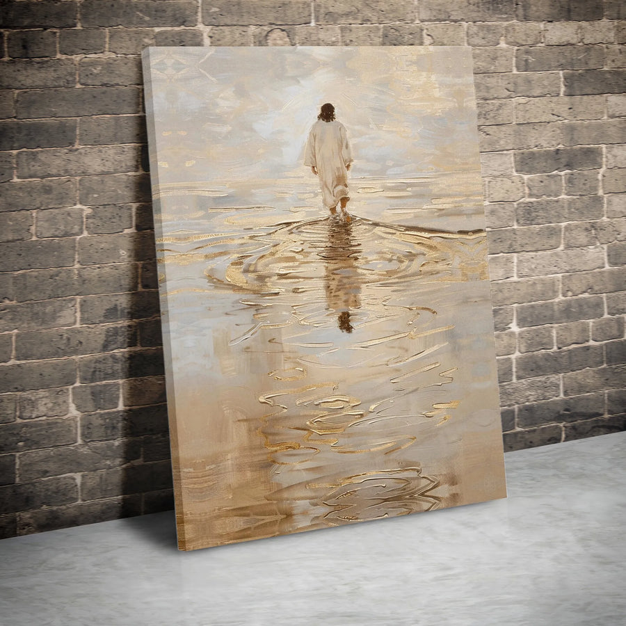 Jesus Walking On Water Canvas Wall Art | Abstract Religious Gold Home Decor | Premium Fade-Resistant Print | Christian Spiritual Gift