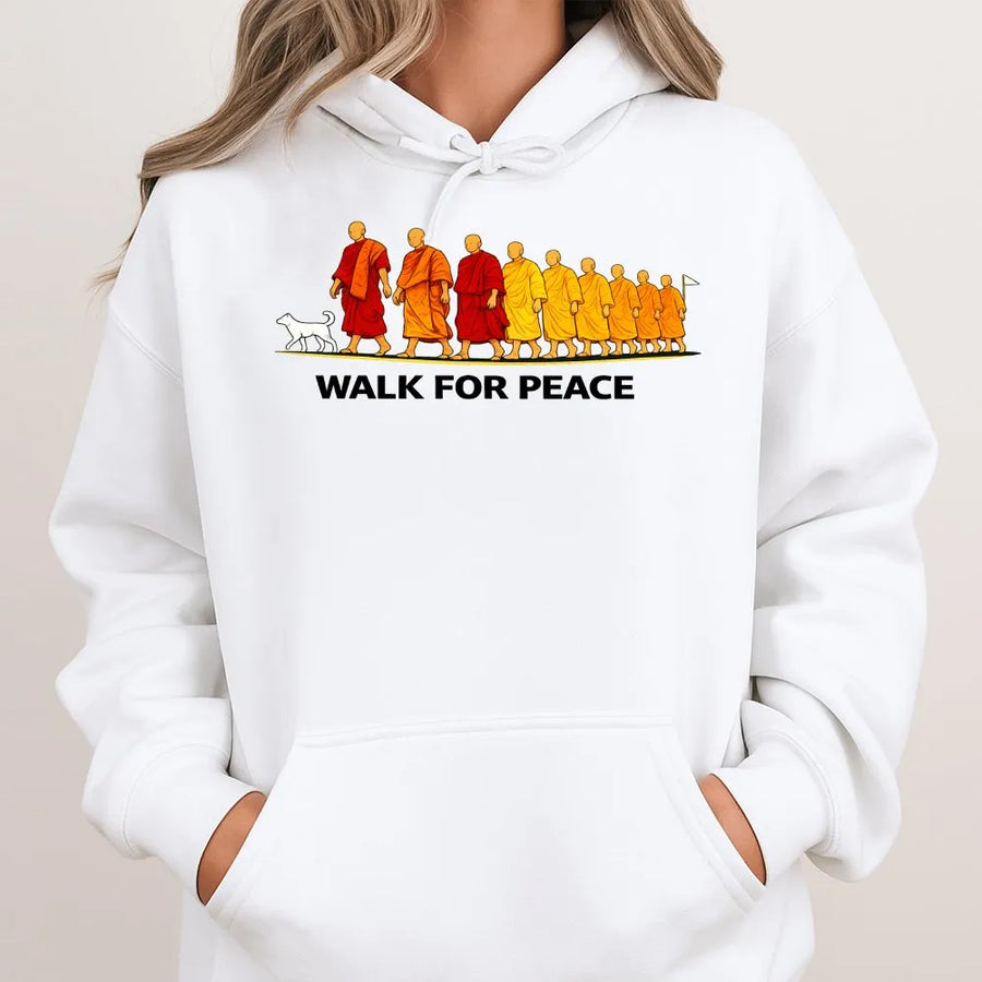 Walk For Peace Hoodie | Buddhist Monk Zen Graphic Design | Premium Cotton-Blend Pullover | Spiritual Meditation Gift for Yoga Lovers