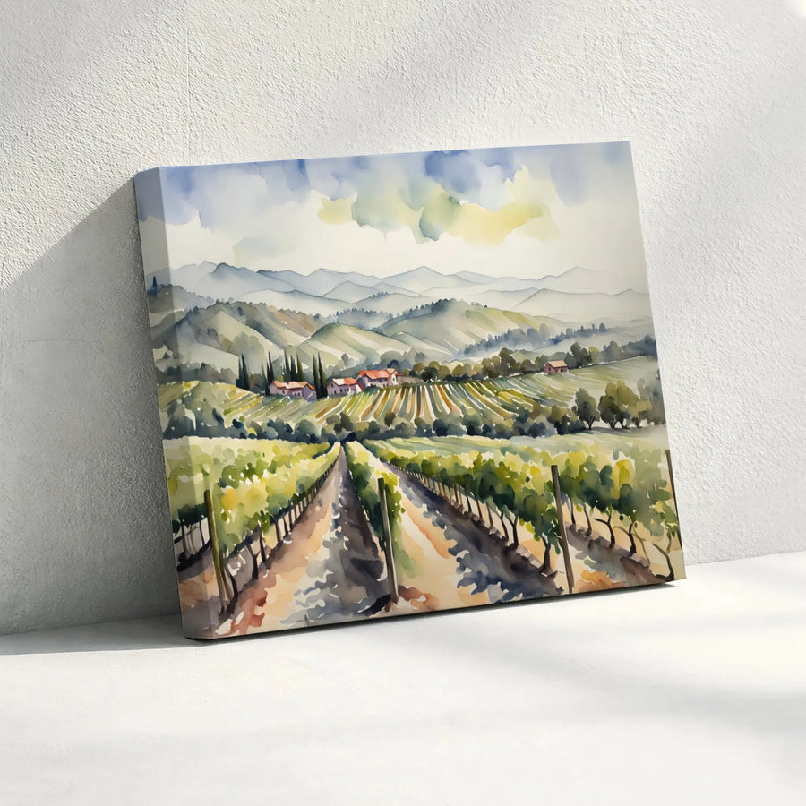Italian Vineyard Canvas Wall Art | Watercolor Landscape Painting | Premium Gallery-Wrapped Print | Tuscany Home Decor Gift