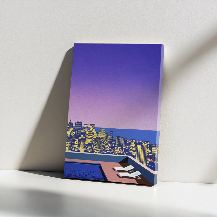 Vaporwave Cityscape Canvas Wall Art | Retro Rooftop Pool Print | Premium Frameless Canvas | Modern Office & Home Decor Gift