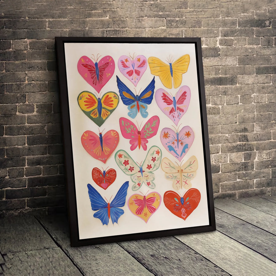 Butterfly Heart Canvas Wall Art | Colorful Folk Art Illustration | Premium Fade-Resistant Print | Bohemian Home Decor Gift