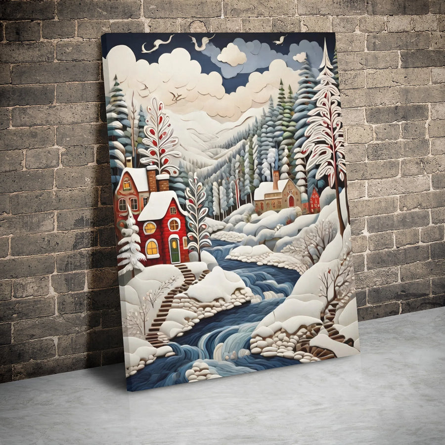 Winter Cabin Canvas Print | Quilling Paper Art Style Landscape | Premium Stretched Gallery Wrap | Holiday Home Decor Gift for Nature Lovers