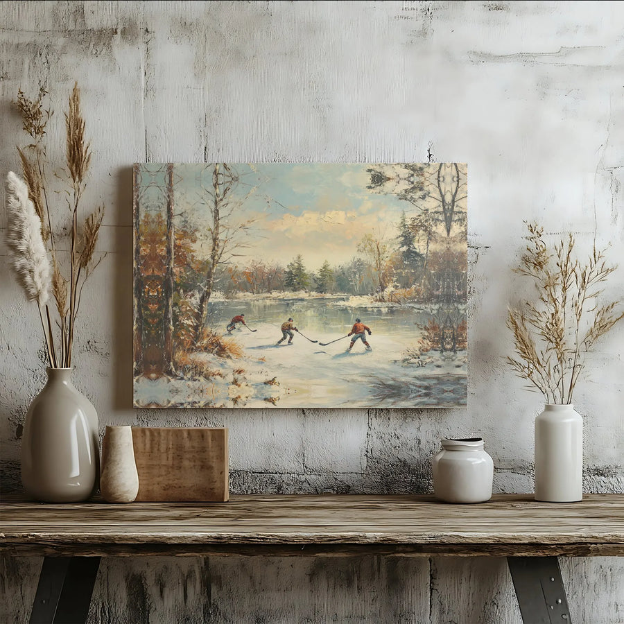 Vintage Hockey Art Canvas | Frozen Pond Winter Scene | Gallery Wrapped Premium Print | Sports Wall Decor for Hockey Fans