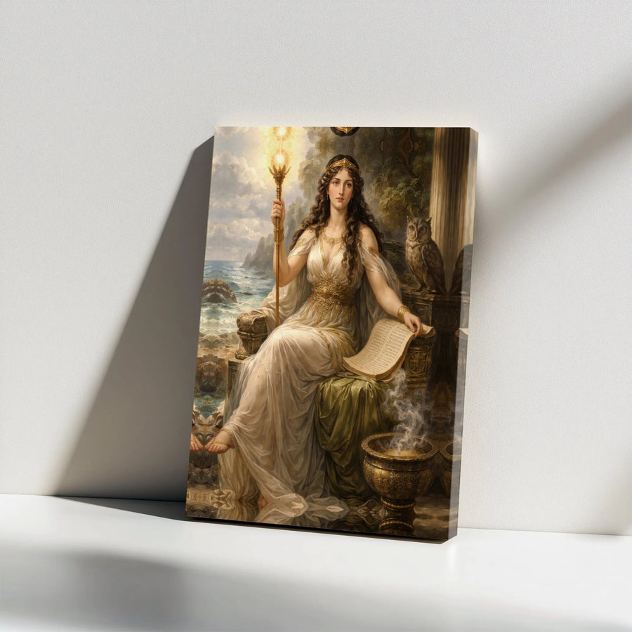 Greek Goddess Athena Canvas Wall Art | Mythological Painting with Owl of Wisdom | Premium Gallery Wrapped Canvas | Mythology Collector Gift for Hellenists