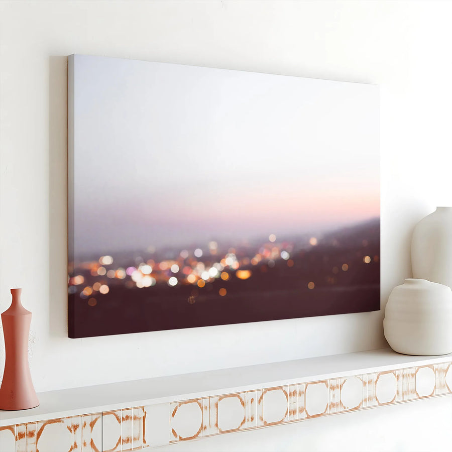 Abstract City Bokeh Horizontal Canvas | Dreamy Dusk Landscape with Warm Glowing Lights | Premium 1.25" Gallery Wrap | Modern Living Room Wall Art Gift