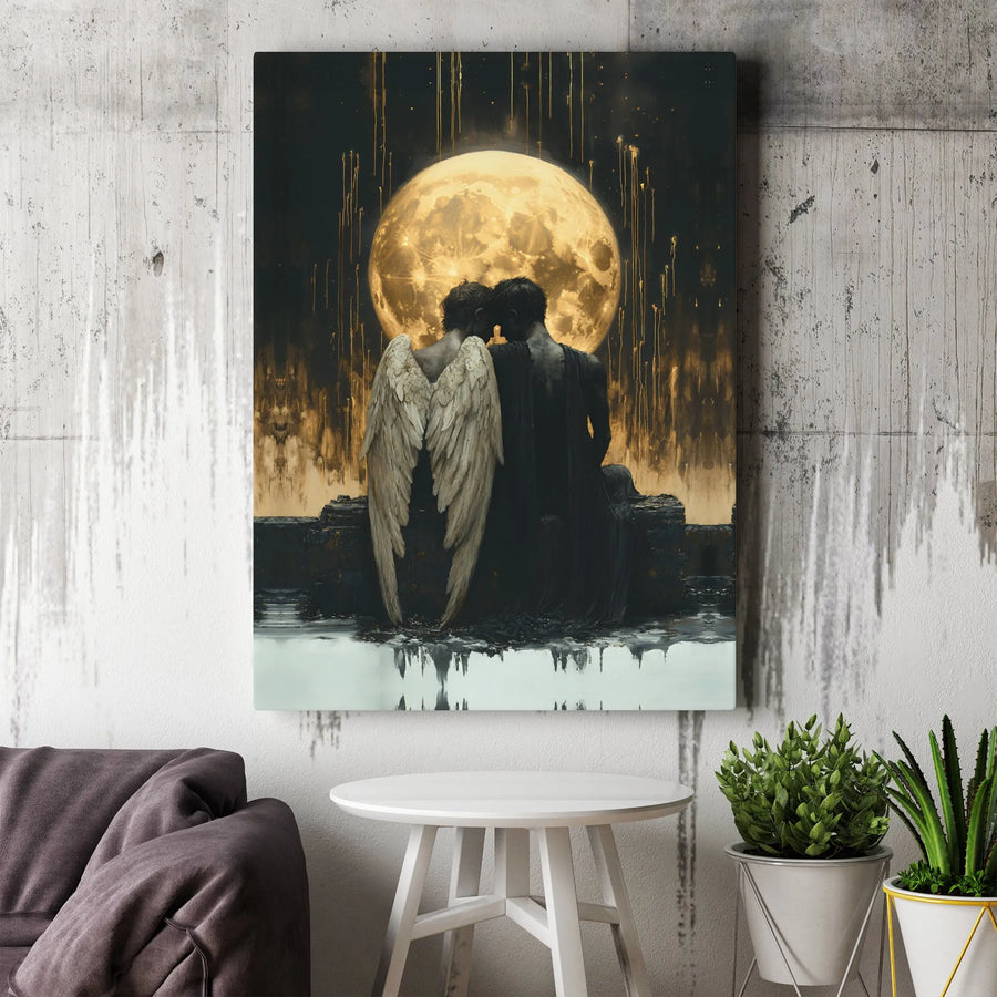 Angel and Demon Couple Wall Art | Gothic Fantasy Moon Canvas Print | Gallery Quality 1.25-inch Profile | Unique Romantic Home Decor Gift