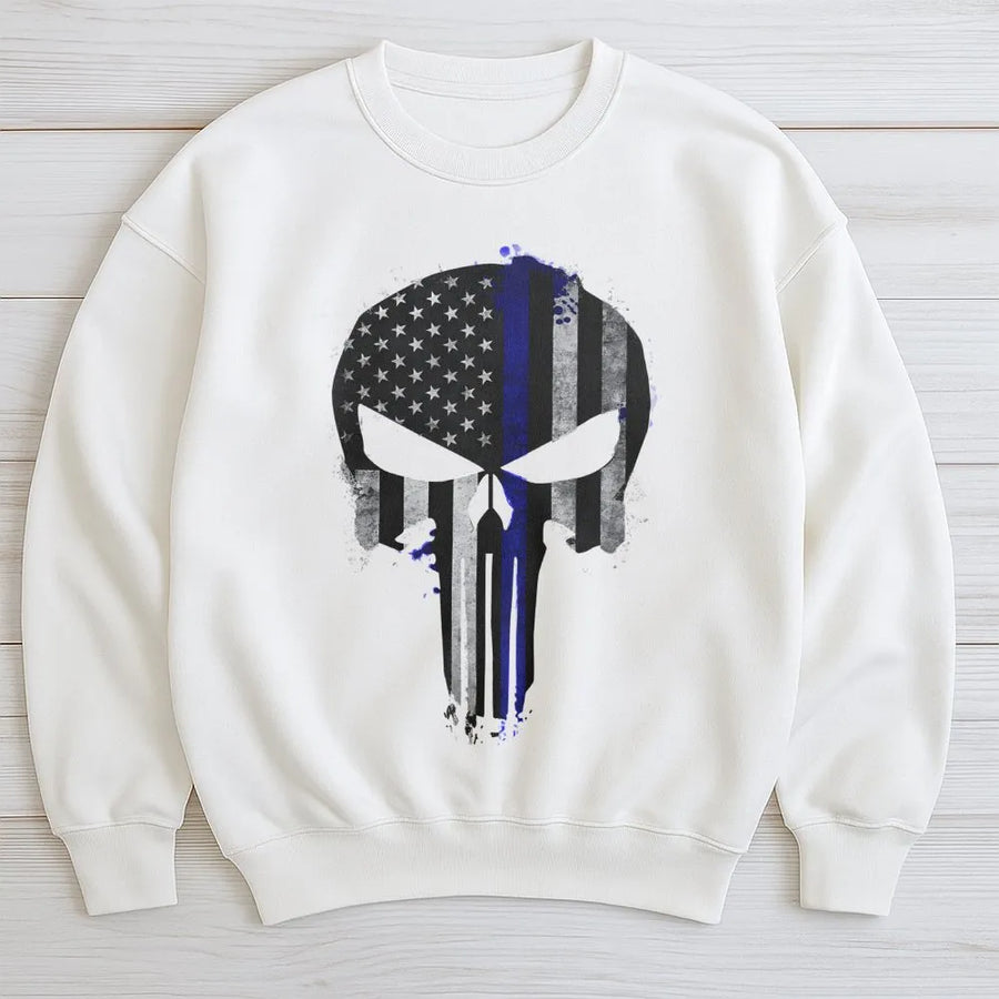 Thin Blue Line Skull Sweatshirt | American Flag Police Support Graphic | Premium Cotton Blend Crewneck | Law Enforcement Officer Appreciation Gift