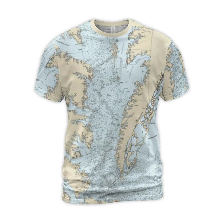 Chesapeake Bay Nautical Map T-Shirt | All-Over 3D Chart Print | Premium Soft Stretch Jersey | Gift for Sailors & Boat Enthusiasts
