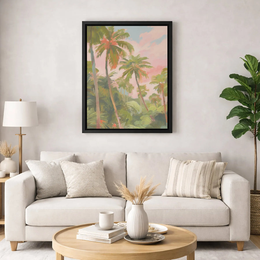 Tropical Palm Tree Canvas Wall Art | Pink Sunset Coastal Landscape | Premium Fade-Resistant Gallery Print | Modern Bohemian Home Decor