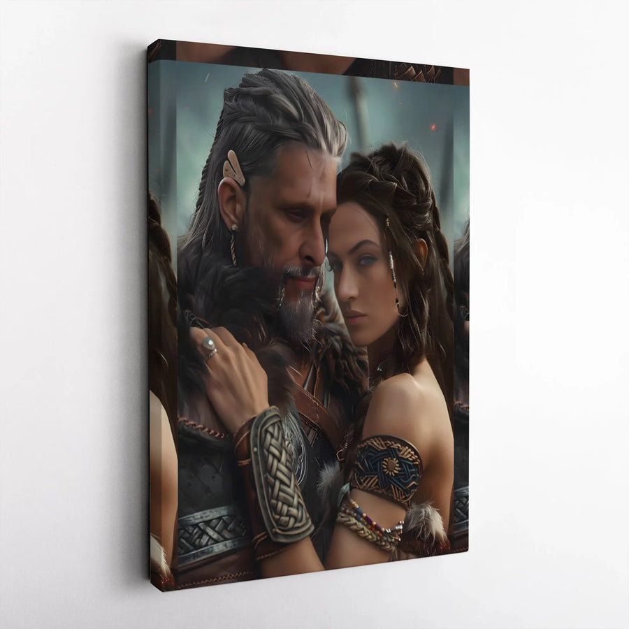 Viking Warrior Couple Canvas Wall Art | Romantic Fantasy Portrait | Premium Gallery-Wrapped Print | Gift For Nordic Mythology Fans
