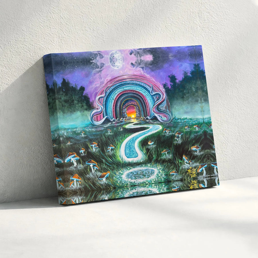 Psychedelic Mushroom Field Canvas Art | Surreal Rainbow Portal Wall Decor | Premium 1.25-Inch Gallery Wrap | Visionary Trippy Home Gift