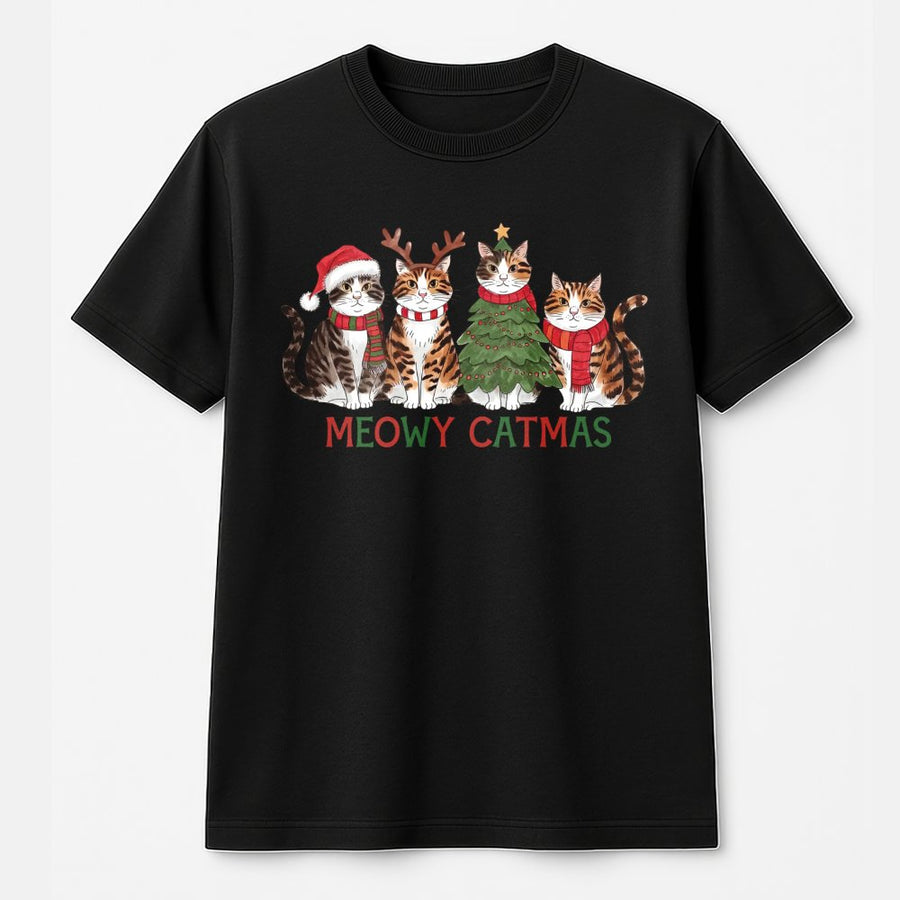 Meowy Catmas T-Shirt | Funny Christmas Cat Lover Graphic Tee | 100% Cotton Premium Unisex Shirt | Cute Holiday Gift For Cat Moms & Men