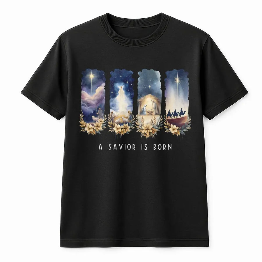 A Savior Is Born T-Shirt | Watercolor Nativity Christmas Scene | Premium 100% Cotton | Religious Holiday Gift for Women and Men