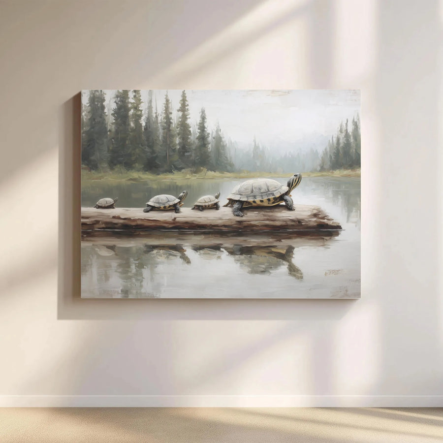 Turtle Family Canvas Wall Art | Red-Eared Slider Lake Painting | Premium Gallery Wrap Decor | Wildlife Nature Gift For Turtle Lovers