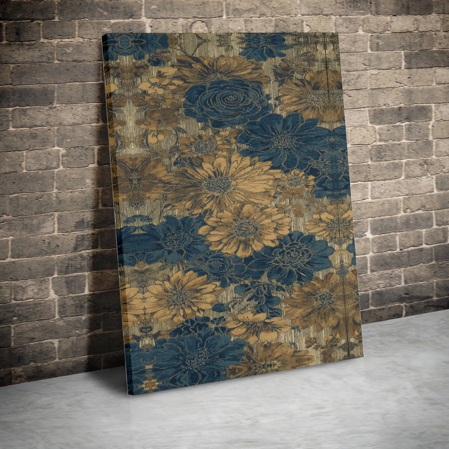 Vintage Floral Canvas Wall Art | Blue and Gold Botanical Print | 1.25 Inch Premium Gallery Wrap | Elegant Home Office Decor