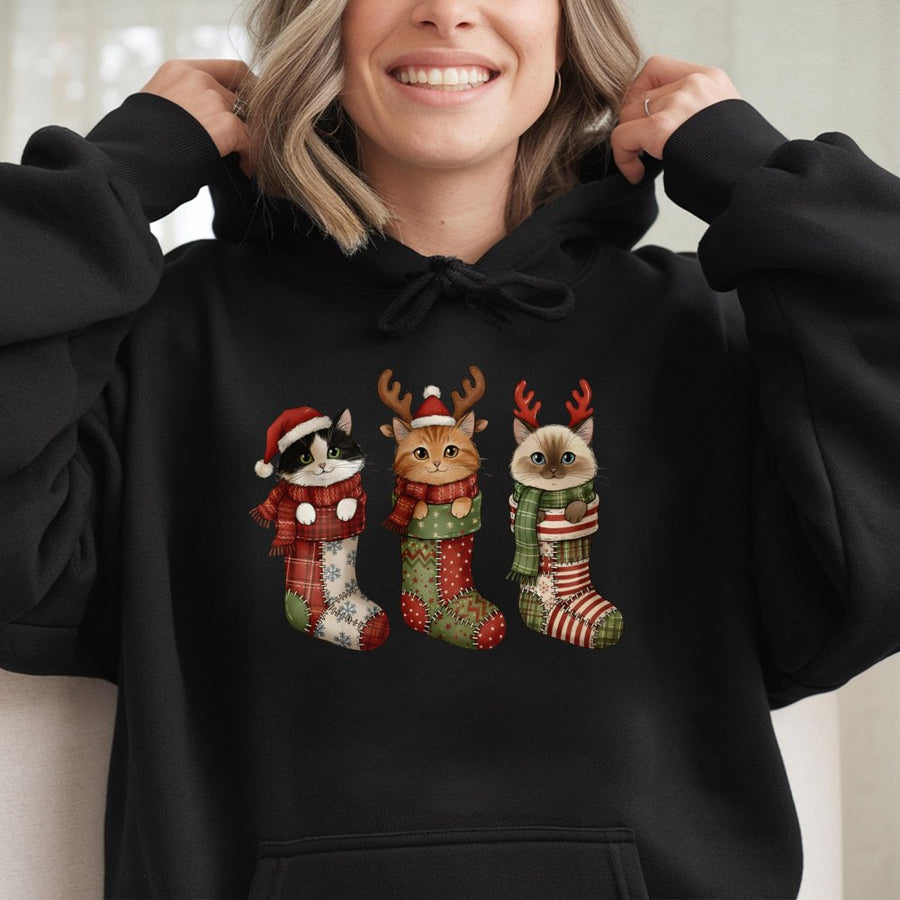 Christmas Cat Hoodie | Cute Kittens in Stockings Graphic Design | Premium Cotton Blend | Cozy Holiday Gift for Cat Lovers