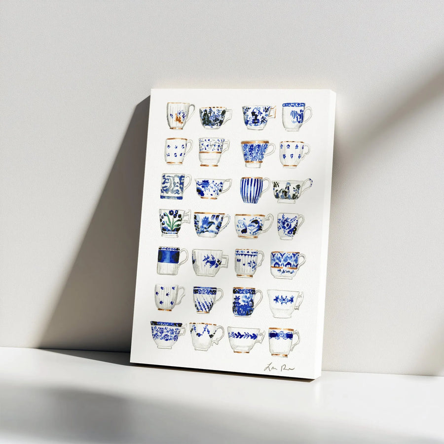 Chinoiserie Teacup Canvas Wall Art | Blue & White Watercolor Porcelain Pattern | Premium Gallery Print | Kitchen & Dining Room Decor Gift for Tea Lover