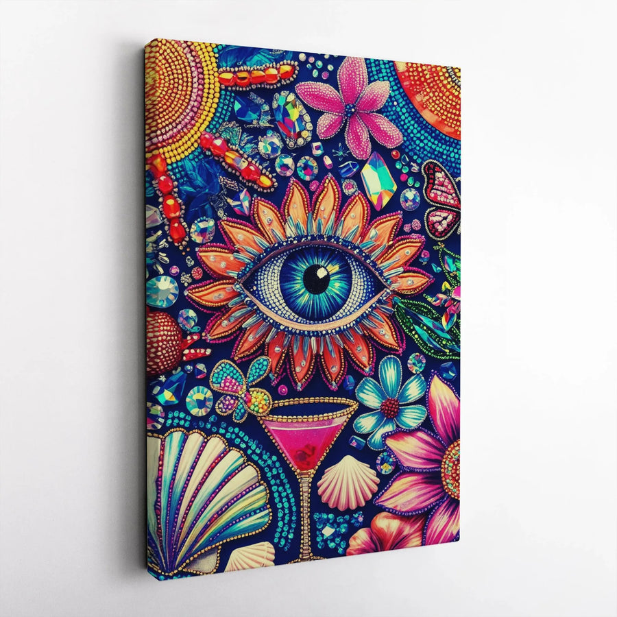 Bohemian Evil Eye Canvas Print | Psychedelic Jewel Floral Wall Art | Premium 1.25 Inch Gallery Wrap | Spiritual Home Decor Gift