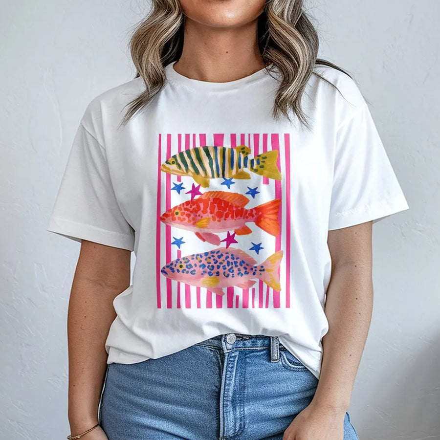 Preppy Fish T-Shirt | Colorful Maximalist Coastal Graphic Print | Soft Cotton-Blend Pullover | Fishing Trip Gift for Her