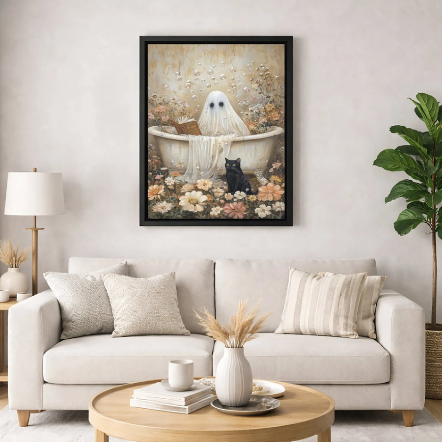 Ghost Reading Book Canvas Art | Whimsical Bathtub & Black Cat Decor | Gallery-Wrapped Premium Print | Spooky Cottagecore Wall Decor Gift