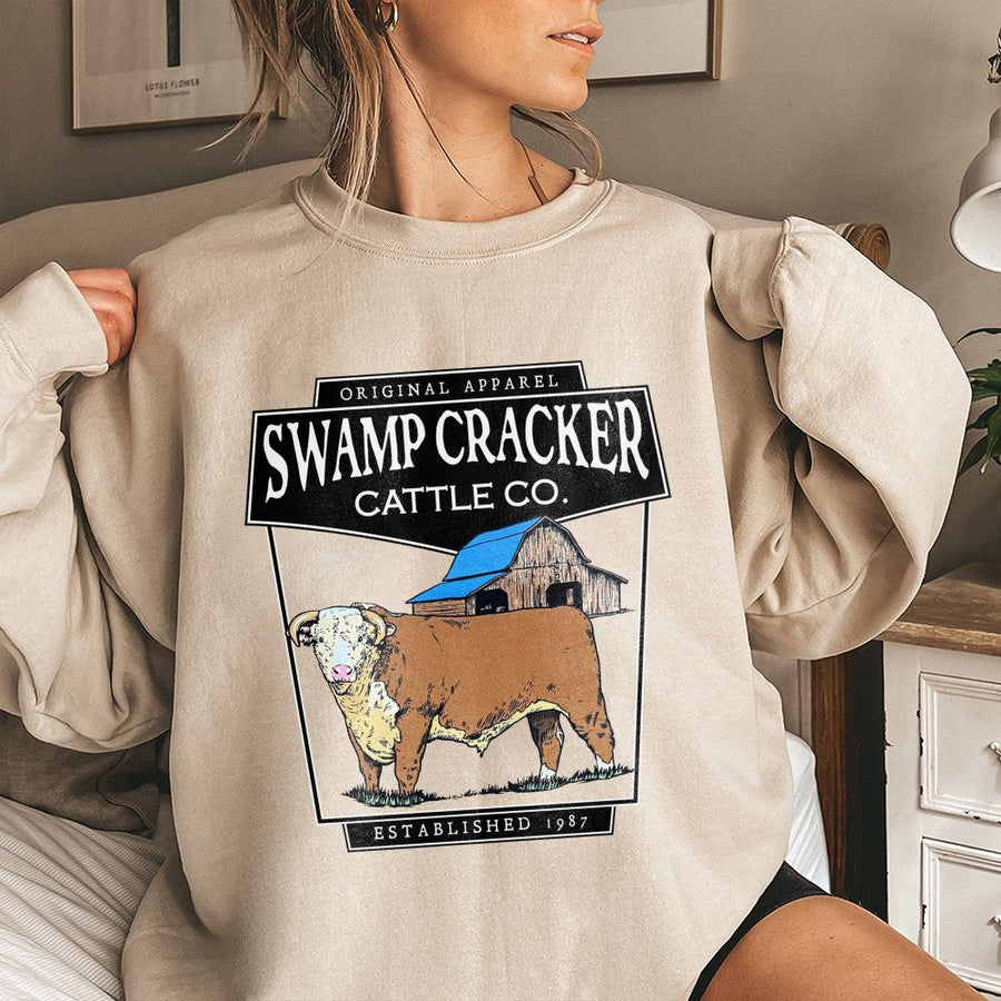 Swamp Cracker Cattle Co Sweatshirt | Vintage Farm Bull Graphic Print | Premium Cotton Blend | Country Western Gift for Ranchers and Farmers