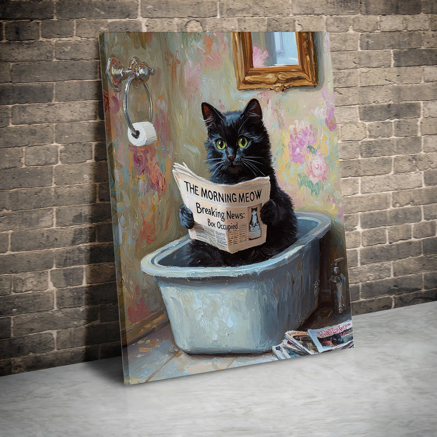 Funny Black Cat Canvas Wall Art | Cat Reading Newspaper in Bathtub | Premium Canvas Print | Humorous Bathroom Decor Gift for Cat Lover