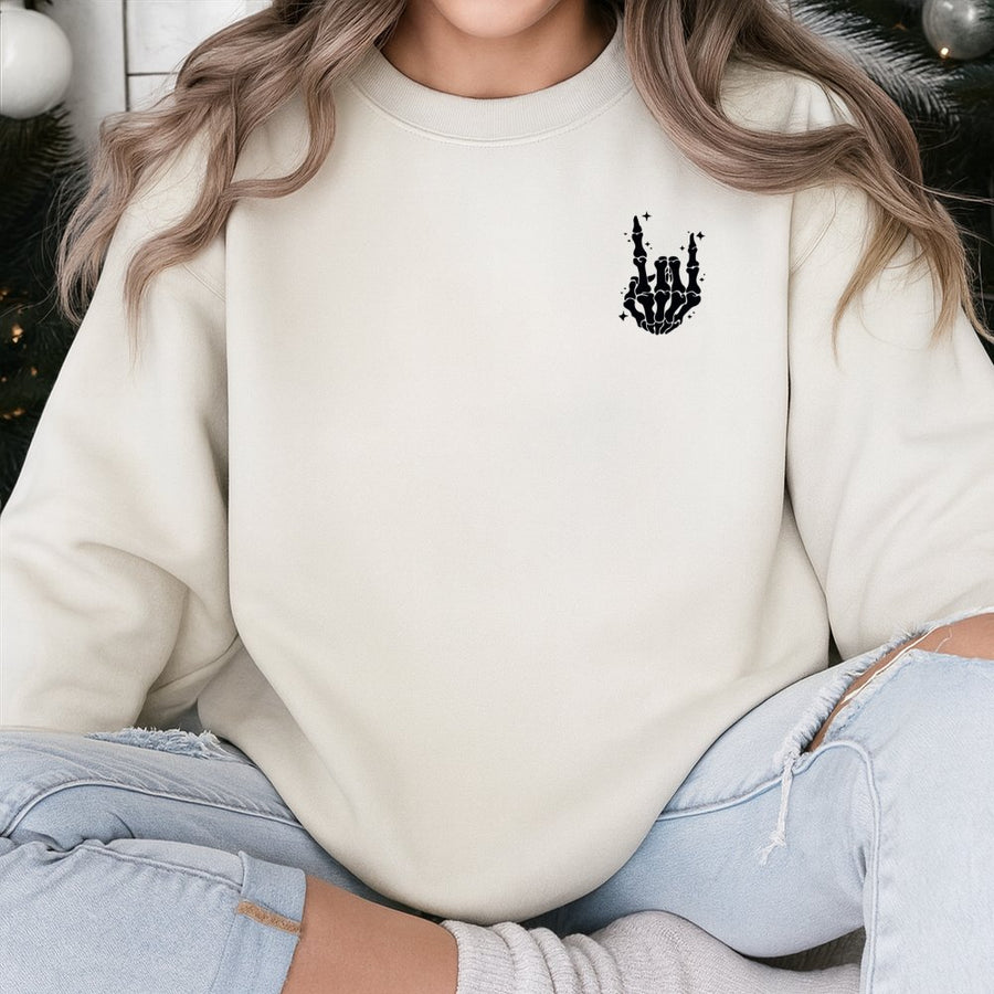 Skeleton Hand Rock On Sweatshirt | Hand Sign Graphic Print | Soft Cotton-Blend Premium Quality | Unisex Gift For Music Lovers And Rock Fans