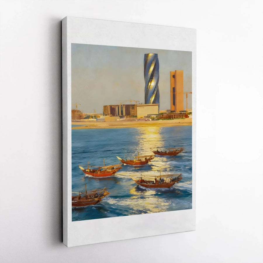 Bahrain Skyline Canvas Print | Traditional Dhow Boats & United Tower | Premium 1.25” Gallery Wrap | Modern Home Office Decor Wall Art