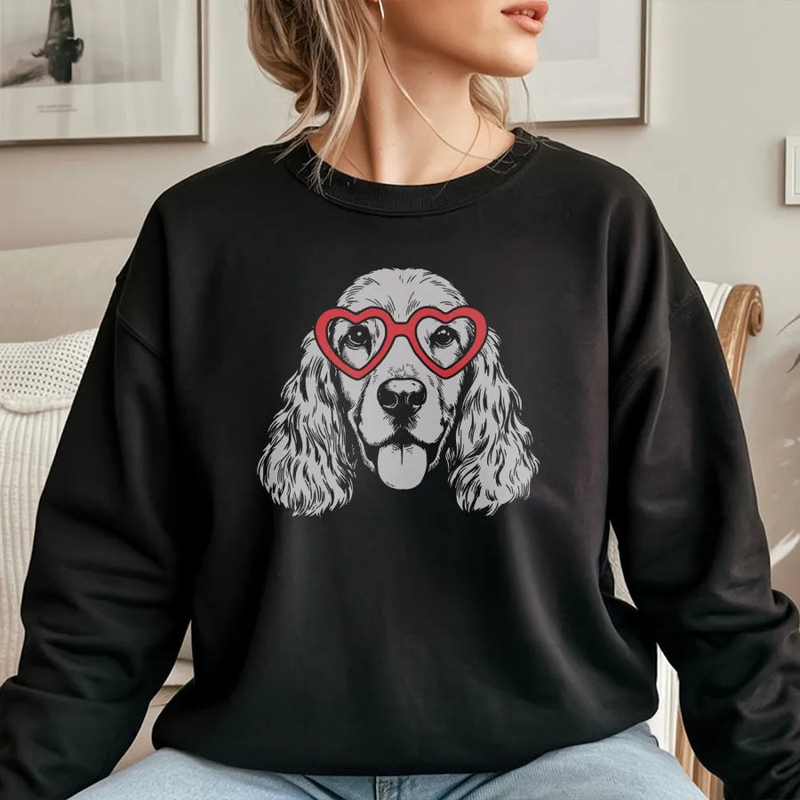 Cocker Spaniel Sweatshirt | Cute Dog With Red Heart Glasses | Premium Cotton Blend | Gift For Dog Mom And Dog Lover