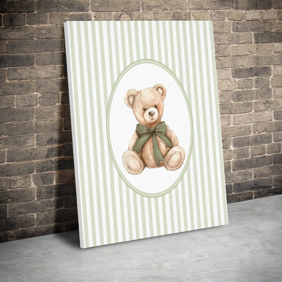 Watercolor Teddy Bear Canvas Print | Cute Bear on Striped Background | Premium Gallery Wrapped Canvas | Gender Neutral Nursery Decor Gift