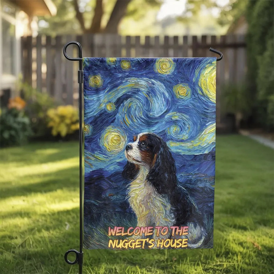 Cavalier King Charles Spaniel Garden Flag | Starry Night Art Style Double-Sided Print | Weather-Resistant Premium Polyester | Housewarming Gift for Dog Lovers