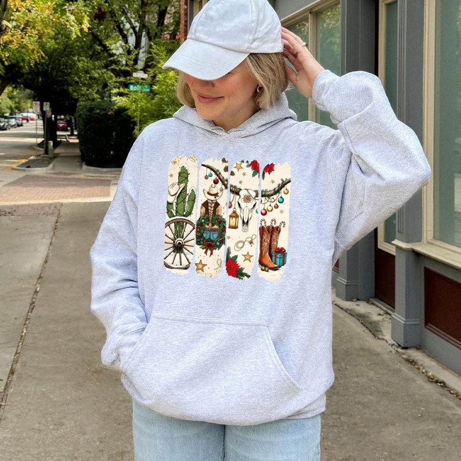 Western Christmas Hoodie | Cowgirl Holiday Graphic Design | Soft Cotton Blend Unisex Pullover | Festive Cowboy Boots Xmas Gift for Women