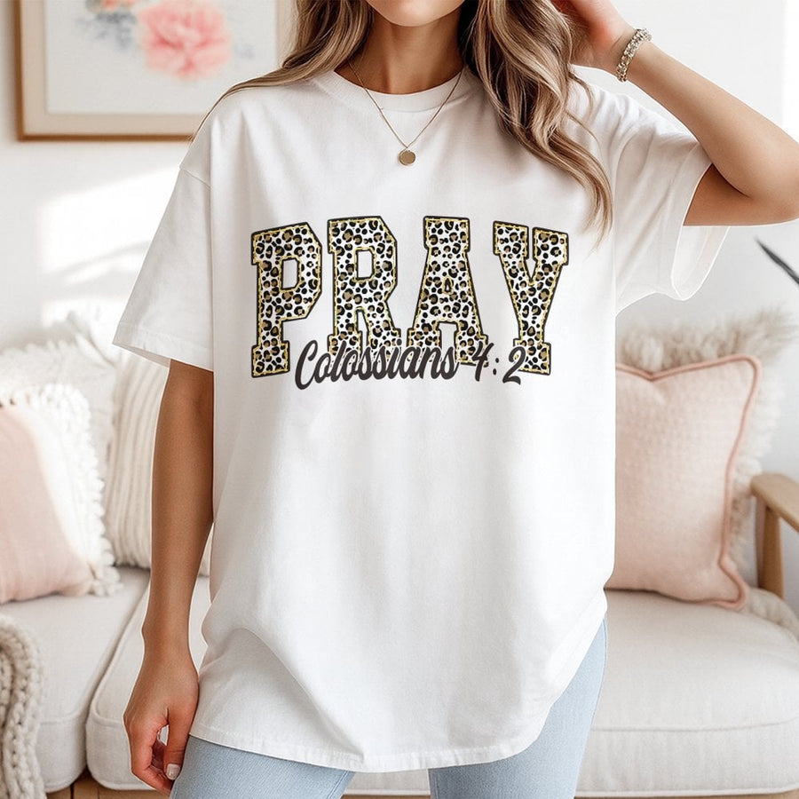 Pray Bible Verse T-Shirt | Leopard Print Collegiate Lettering | 100% Cotton Premium Quality | Christian Faith Apparel Gift for Women