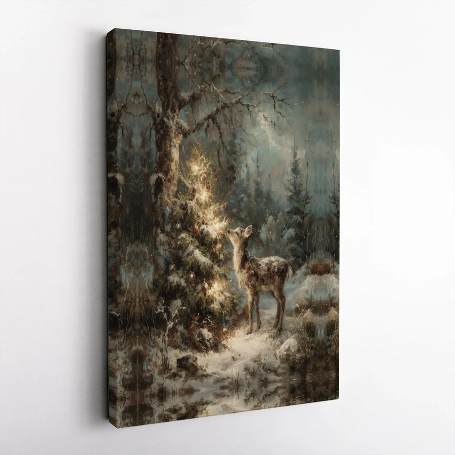 Christmas Forest Canvas Wall Art | Fawn and Lit Tree Winter Landscape | Premium Gallery Wrapped Canvas | Cozy Holiday Home Decor Gift
