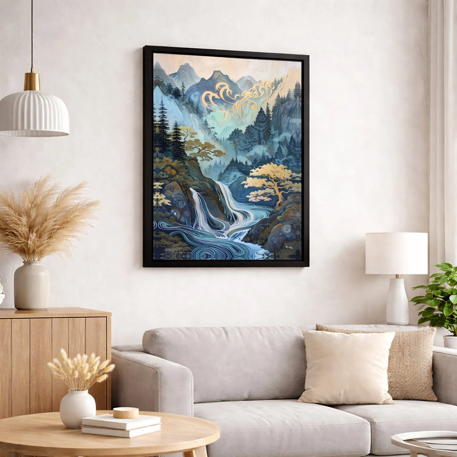 Japanese Mountain Landscape Canvas | Golden Swirl Waterfall Wall Art | Premium Gallery Wrapped Print | Zen Home Decor Gift