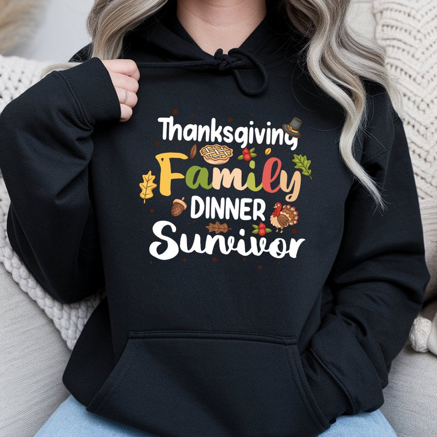 Thanksgiving Family Dinner Survivor Hoodie | Funny Turkey Day Graphic Sweatshirt | Premium Cotton-Poly Blend | Cozy Holiday Gift for Family Members
