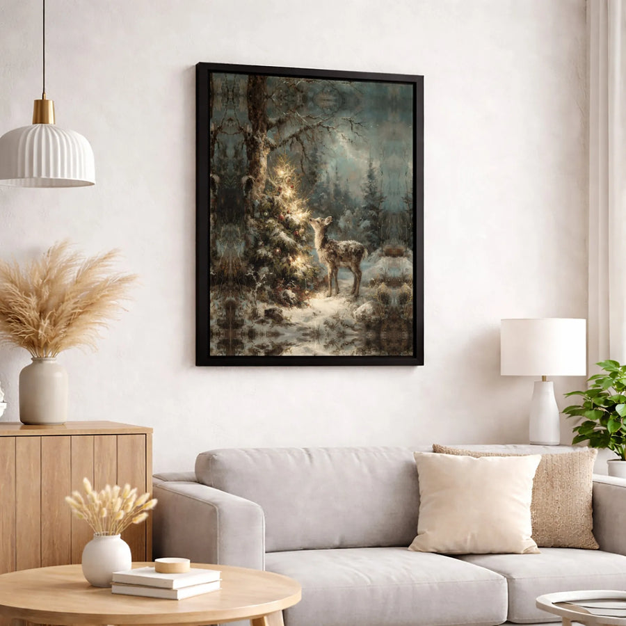Christmas Forest Canvas Wall Art | Fawn and Lit Tree Winter Landscape | Premium Gallery Wrapped Canvas | Cozy Holiday Home Decor Gift
