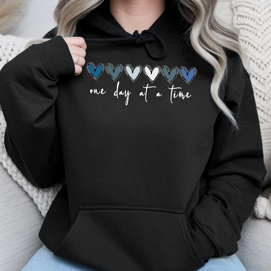One Day At A Time Hoodie | Mental Health Awareness Heart Sweatshirt | Premium Cotton Blend Pullover | Inspirational Gift For Her And Him