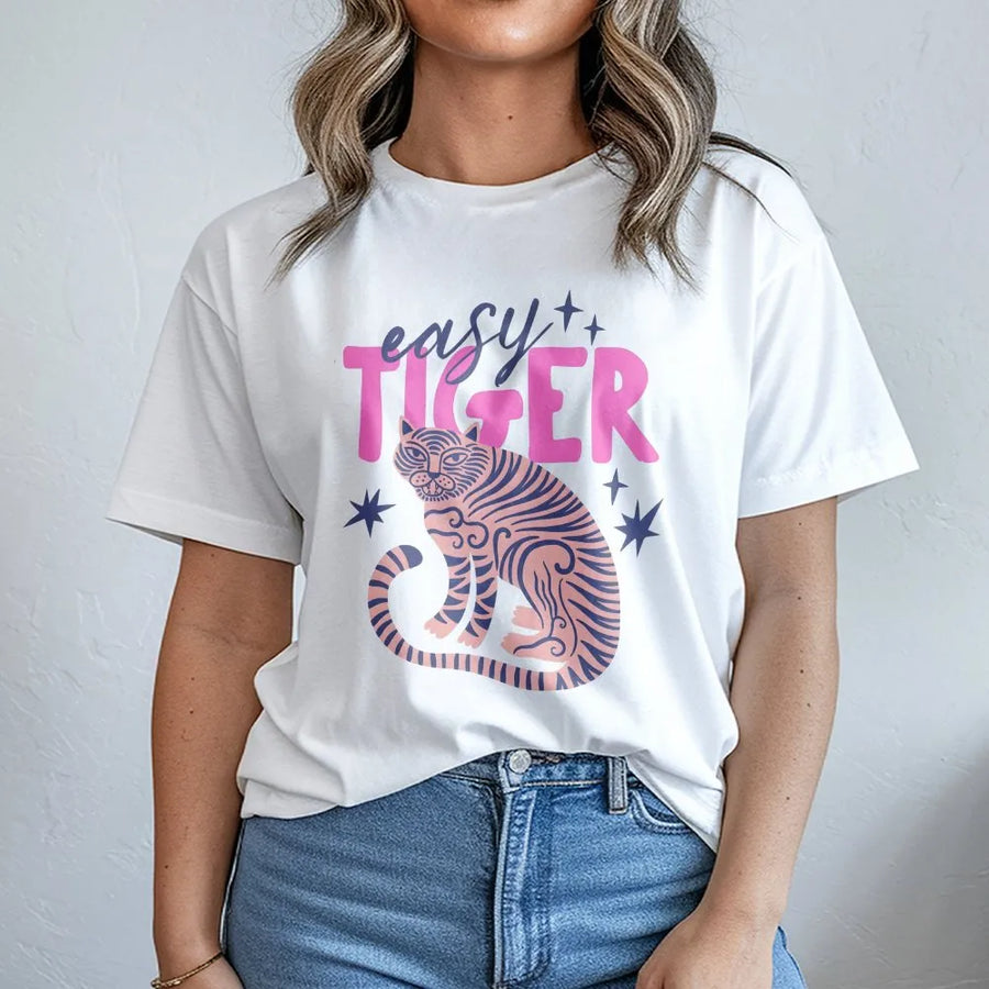 Easy Tiger T-Shirt | Retro Tiger Graphic | Premium Soft Cotton Blend | Trendy Boho Pullover Gift for Her