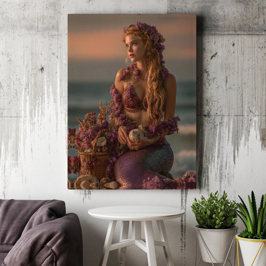 Mermaid Wall Art | Blonde Sea Goddess With Purple Flowers | Premium Fade-Resistant Canvas | Coastal Bedroom Decor Gift
