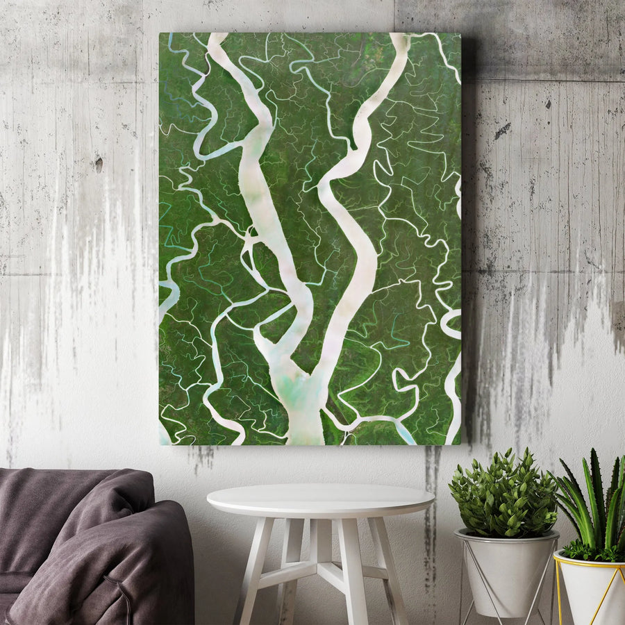 River Delta Aerial Wall Art | Green Nature Landscape Canvas | Premium Gallery Wrap Print | Modern Office & Home Decor Gift