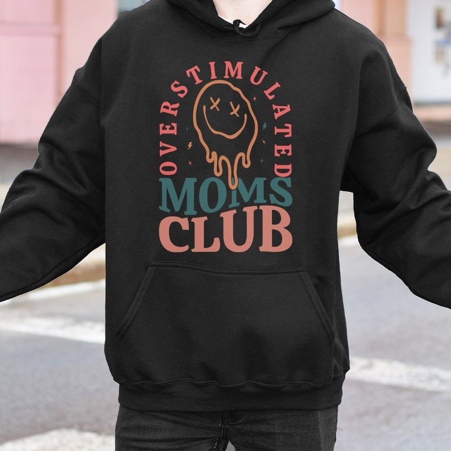 Overstimulated Moms Club Hoodie | Retro Melting Smiley Graphic | Premium Cotton Blend | Funny Mama Gift for Tired Moms