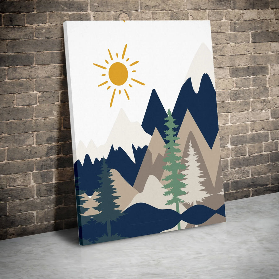 Mid-Century Modern Mountain Canvas Art | Minimalist Pine Forest Wall Decor | Premium Fade-Resistant Print | Geometric Nature Landscape Gift