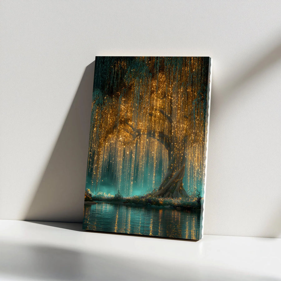 Enchanted Tree of Life Canvas Print | Glowing Weeping Willow with Fairy Lights | Premium Gallery Wrapped Canvas | Fantasy Living Room Decor Gift