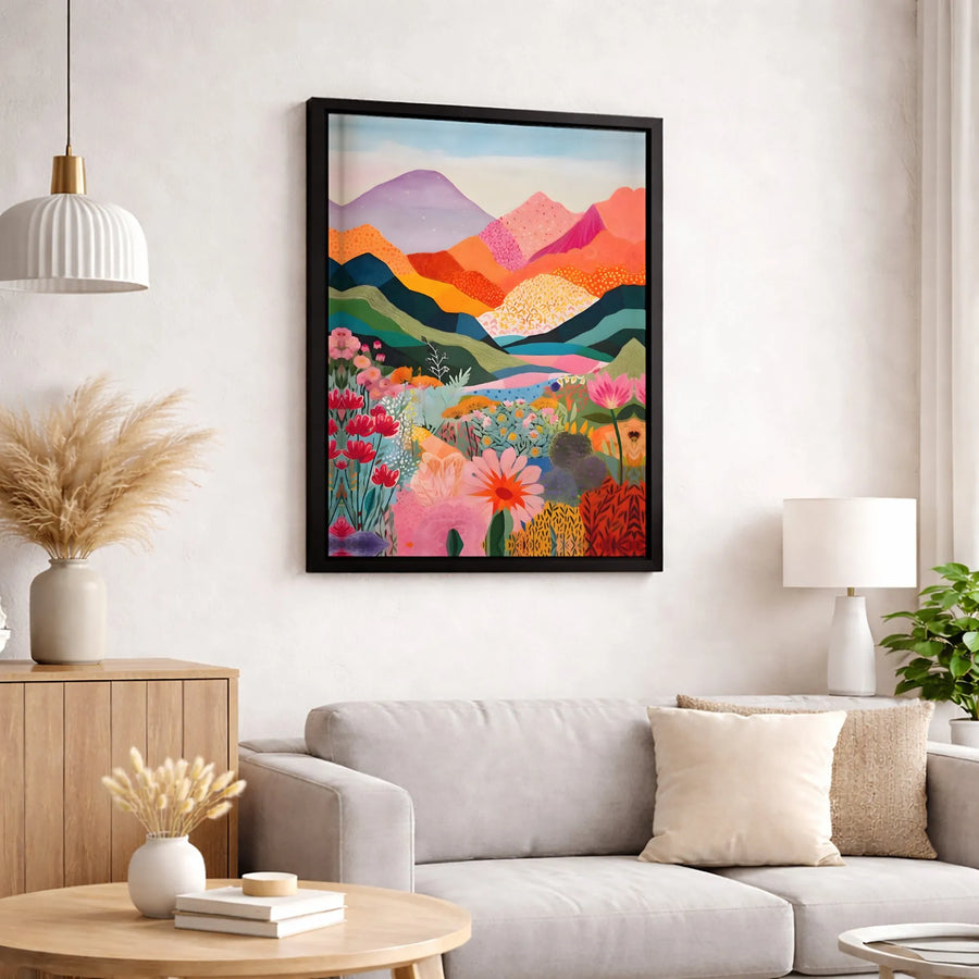 Colorful Mountain Landscape Canvas | Boho Wildflower Wall Art | Premium Gallery-Wrapped Print | Vibrant Nature Decor for Living Room