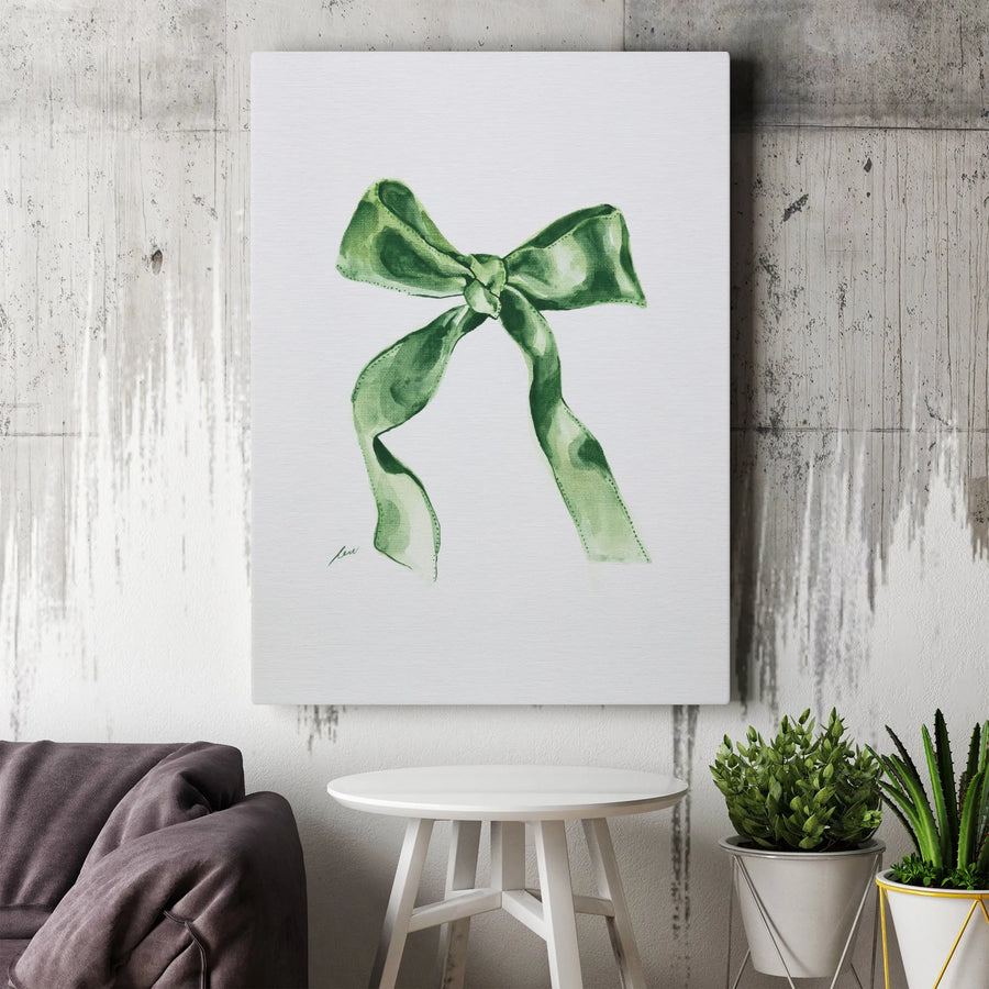 Green Ribbon Bow Canvas Wall Art | Watercolor Style Painting | Premium 1.25" Thick Gallery Wrap | Preppy Nursery & Farmhouse Wall Decor Gift
