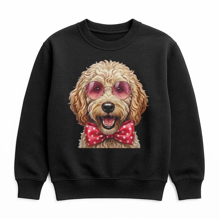 Goldendoodle Sweatshirt | Cute Dog With Pink Sunglasses and Bow Tie | Premium Cotton Blend | Gift for Doodle Mom or Dog Lover