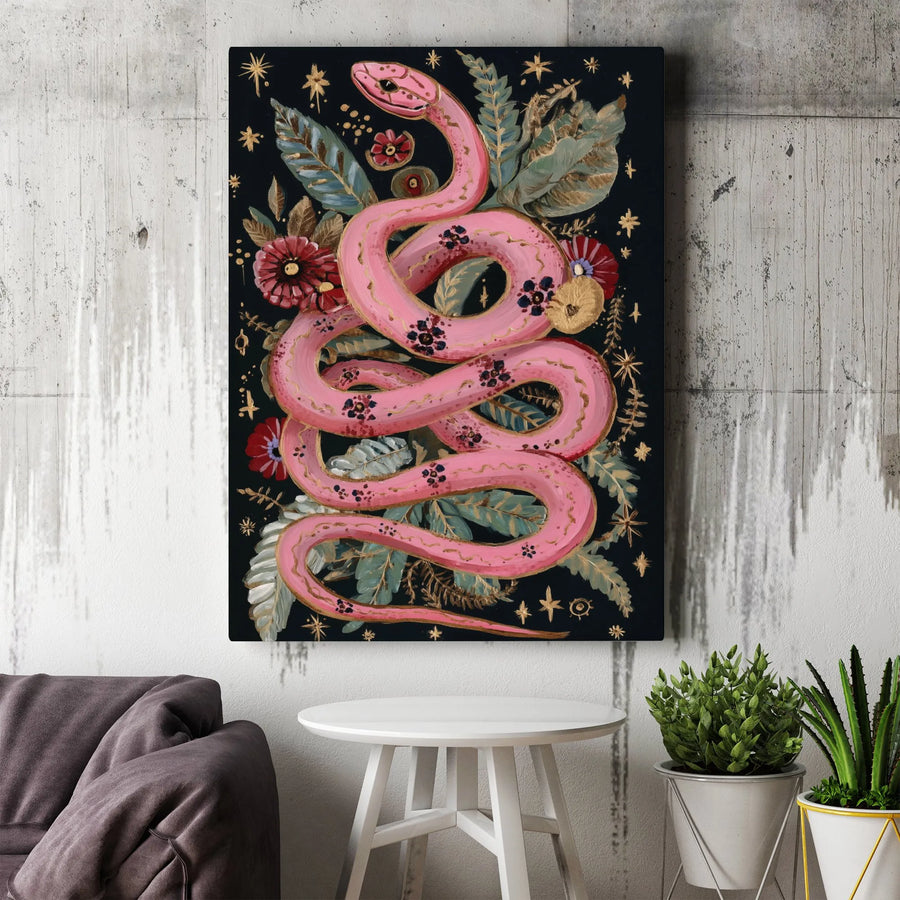 Pink Snake Wall Art | Celestial Floral Folk Art Print | Premium Gallery Wrapped Canvas | Moody Maximalist Home Decor Gift